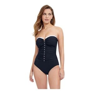 PROFILE BY GOTTEX FRENCH PLEATS SHIRRED FRONT BANDEAU STRAPLESS  SWIMSUIT